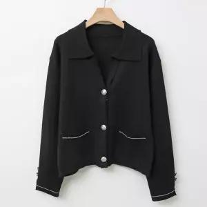 여성 카라넥 Y단추 나들이 소매 트임 심플 니트 가디건 DGB-WCD-4194-블랙
