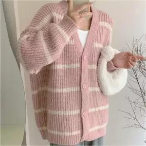 [라일리여성의류] Rly 여성가디건 미디기장 니트 파스텔톤 단가라 아우터