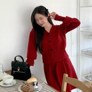 여자 리본단추 여리브이넥니트 스커트 세트