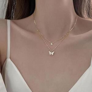 [오노마] ONM 골드 매력적인 더블층 나비목걸이 신주도금