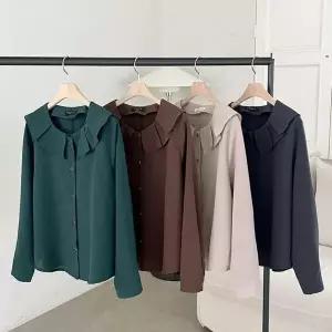 여성 하객룩 프릴 카라 단추 가을 긴팔 블라우스_4