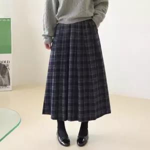 [데일리앤] 에일 체크 플리츠 울 모직 롱 스커트 밴딩 플레어 주름 치마 봄 가을 겨울
