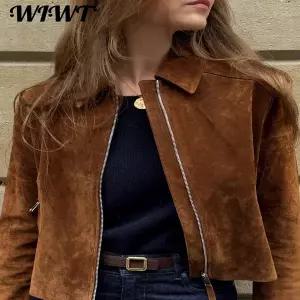 스웨이드 자켓 재킷 가죽 점퍼 겨울 세무 빈티지 지퍼 숏 여성 스트릿 라펠 긴 포켓 2025 가을 하이 아우터