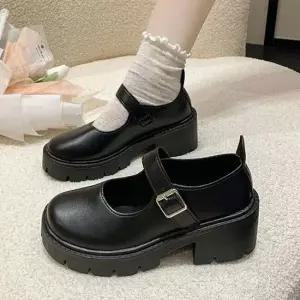 미들 통굽 펌프스 힐 블랙 구두 메리제인 버클 에나멜