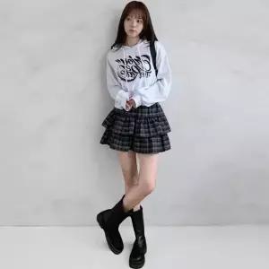 [하프클럽/]여성 쁘띠 면혼합 패턴 격자 티어드 프릴 치마