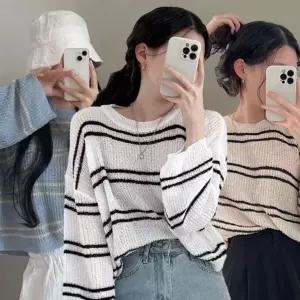 [하프클럽/]레이디스 가로줄 스탠다드 줄무늬 숏탑 롱슬리브 스웨터 티셔츠