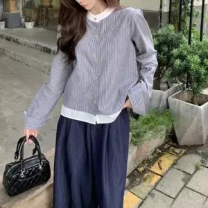 [다잇템] 여자 차이나카라 단가라 콘트라스트 밑단 셔츠