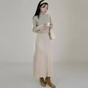 |KHK17EE|여성용 H라인 롱 스커트 겨울 출근복 앞트임 모직 스커트