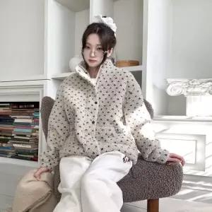 여성 도트무늬 하이넥 양털 집업 자켓