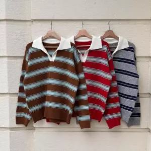 여성 겨울 배색 카라넥 단가라 롱슬리브 니트티