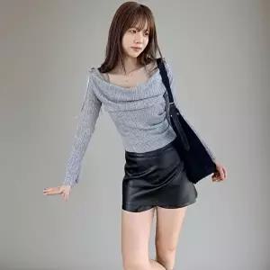 [신상오픈런]|KHT9D69|여성 슬림핏 니트 오프숄더 리본 어깨 셔링 탑