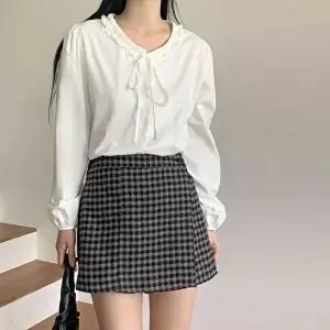 [옷자락]여성 넥라인 프릴 리본 타이 소매 볼륨 블라우스