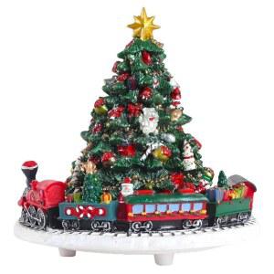 회전하는 기차가 있는 라이트어헤드 뮤지컬 크리스마스 트리 - 축제 분위기의 멜로디 재생 폴리레진 홀리데이 뮤직 박스 장식