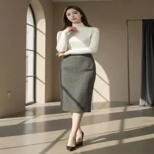 [다잇템] 여자 겨울정장 격자 슬릿 울치마 중간 일자 스커트_23961249_588872