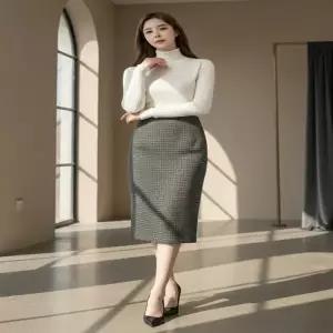 [다잇템] 여자 겨울정장 격자 슬릿 울치마 중간 일자 스커트