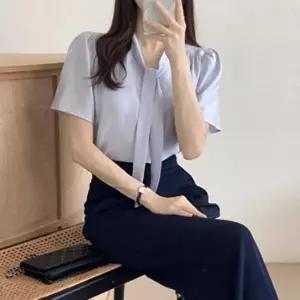 [신상오픈런]|CCH41F9|여성 기본 네크라인 리본 세미 반팔 셔츠