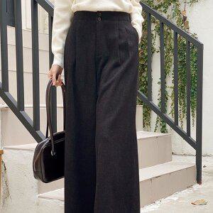 [신세계라이브쇼핑][샵앤] 여성 뒷밴딩 잔무늬 통 와이드 정장 울 슬랙스 팬츠 SIU-WPT-4012-차콜