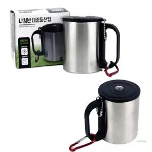 WSMALL 나침반뚜껑 이중등산컵 200ML 스테인리스컵 이중머그컵 손잡이스텐컵