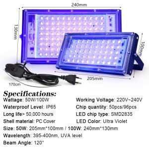 50W 100W 150W UV LED 홍수 조명 AC 220V 230V 투광 조명 자외선 무대 램프 DJ 디스코 파티 무대 램프 백라