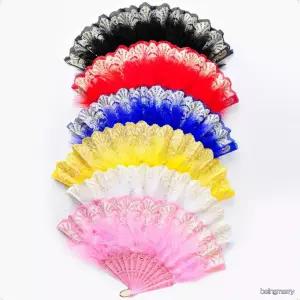 화려한 깃털 레이스 장식 접이식 부채 댄스 공연 파티 무용 소품 핸드팬