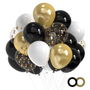 블랙 및 골드 풍선, 50개 12인치 블랙 화이트 골드 색종이 풍선 세트, 졸업생 생일 결혼 기념 파티 장식용 블랙 골드 라텍스 풍선