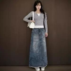 [신상오픈런]|KHK173C|여성 카모 패턴 롱 스커트 워싱 데님 트임 디자인