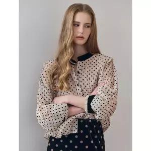 [하프클럽/]벨벳 도트 시어 헨리넥 셔링 블라우스