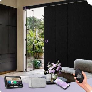 알렉사 구글 스마트 패널 트랙과 호환되는 그레이윈드 모터식 슬라이딩 블랙아웃 파티오 도어, 맞춤형 크기(매트 블랙)의 원격 블라인드