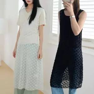 [하프클럽/]봄 여름 레이스 쉬폰 시스루 레이어드 롱 원피스 나시