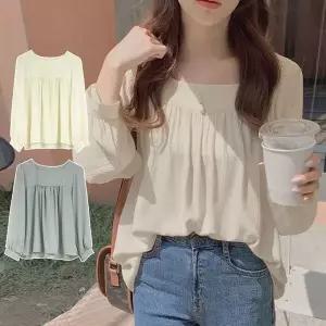 [하프클럽/]레이디스 풀슬리브블라우스 심플 가벼운원단 사각넥 스프링 F/W