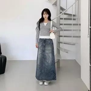 [옷자락]여자 힙무드 카모 워싱 데님 트임 롱 스커트
