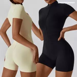 이너퀸 프리수 여성용 집업 지퍼 반소매 반바지 올인원 바디프로필 헬스 운동 요가 점프수트 반팔바디수트