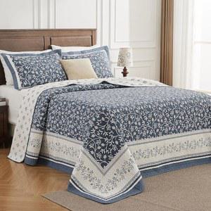 퀼트이지 오버사이즈 킹 침대 스프레드 - 120인치 Lx120W 엑스트라 와이드 100% 면 경량 덩굴 식물 캘리포니아 퀼트 세트 리버서블 슈퍼 커버렛 그레이시-블루
