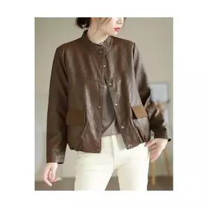 여자 가죽 코트 무스탕 PU 봄 가을 상의 복고풍 포켓패치 BE3