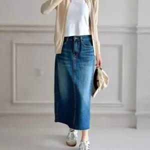 여성 빅사이즈 데님 치마 컷팅 워싱 롱스커트
