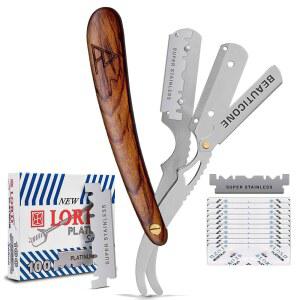 남성용 뷰티콘 스트레이트 면도기, 엣지 싱글 블레이드 100개, 스테인리스 스틸, 남성 면도용 이발기, 이발기 면도칼, 나무, 스윙락