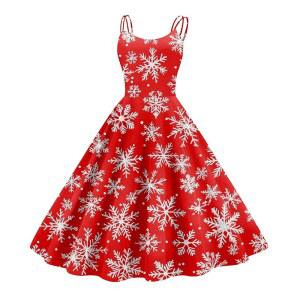AMXYFBK 여성 크리스마스 드레스 1950년대 레트로 민소매 스파게티 스트랩 파티 2024 트렌디 스윙 A라인 플레어