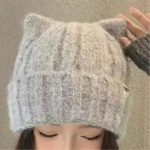 겨울비니 레트로스타일 고양이귀모자 니트모자 겨울선물 비니모자 귀달이 여자 두툼한 겨울비니모자 귀도리