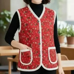 할머니 뽀글이 여성 촌캉스룩 양털 누빔 꽃무늬 조끼 조끼 겨울