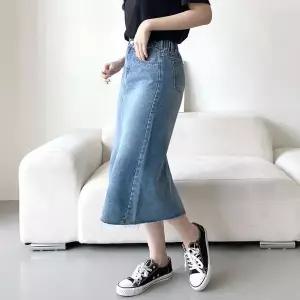 [하프클럽/]여성 트이웰 뒷밴딩 컷팅 미디 청치마 데님 롱치마