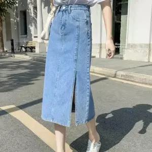 [하프클럽/]롱 데님스커트 밑단 절개 디자인 여성 청치마 데일리