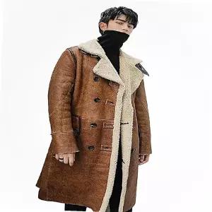 남자롱무스탕 가죽 아우터 패딩 하이넥 브라운 자켓 퍼