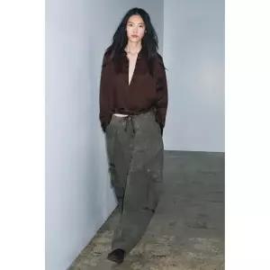 자라 ZARA 블라우스 셔츠 ZW 컬렉션 새틴 - 브라운