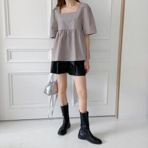 아당엔 숏슬리브 스퀘어넥 여성 프릴장식 면 썸머 블라우스