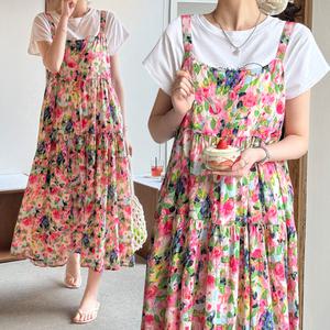 [데일리앤] 퍼스트 플라워 셔링 레이어드 끈 나시 원피스 빅사이즈 휴양지 여름 롱 뷔스티에