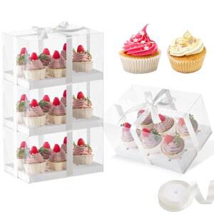 JCD 4팩 투명 컵케이크 상자, 선물 리본이 달린 플라스틱 용기, 5.5인치 높이 홀더 파티, 베이킹, 결혼식, 운송용 상자 6개(6개/4개)