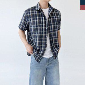 유니크 ACC 맨즈 마소재 와이드핏 S/S 그리드체크하프티 와이셔츠 와이셔츠