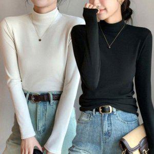 여성용 스탠다드 베이직솔리드 디테일 소프트 미니터틀 시그니처롱셔츠 탑 라티 면폴라티 하프넥티 가을철