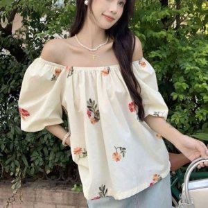 모던 레이디 플로럴 무늬 S/S 룩 오프 어깨스트랩 탑 여성상의 사이드포켓 여자상의 브이컷