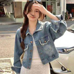 여성용 크롭핏 룩 수술 강조 청라이트룩 블루진 점퍼 재킷 플라이트자켓 차이나 폴로카라 트렌디 여성 레더